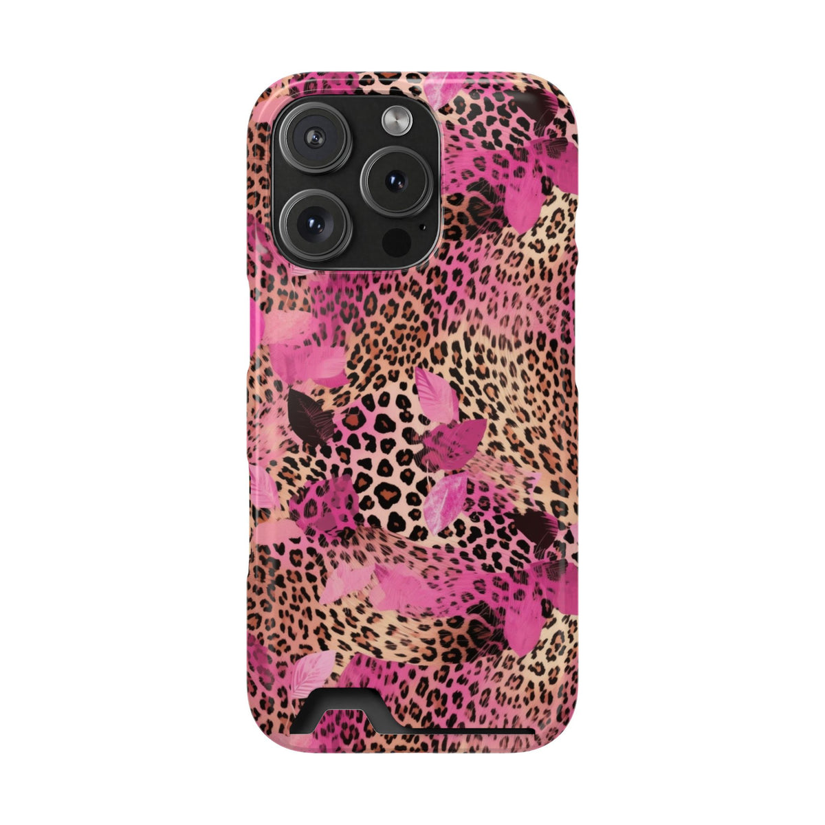 Pink Splash Leopard phone case with card holder for iPhone 16 Pro, glossy finish