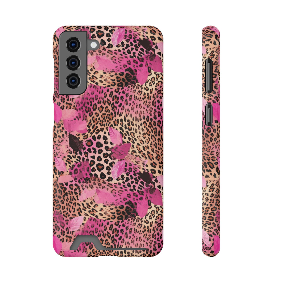 Pink Splash Leopard phone case with card holder for Samsung Galaxy S21 Plus, glossy finish
