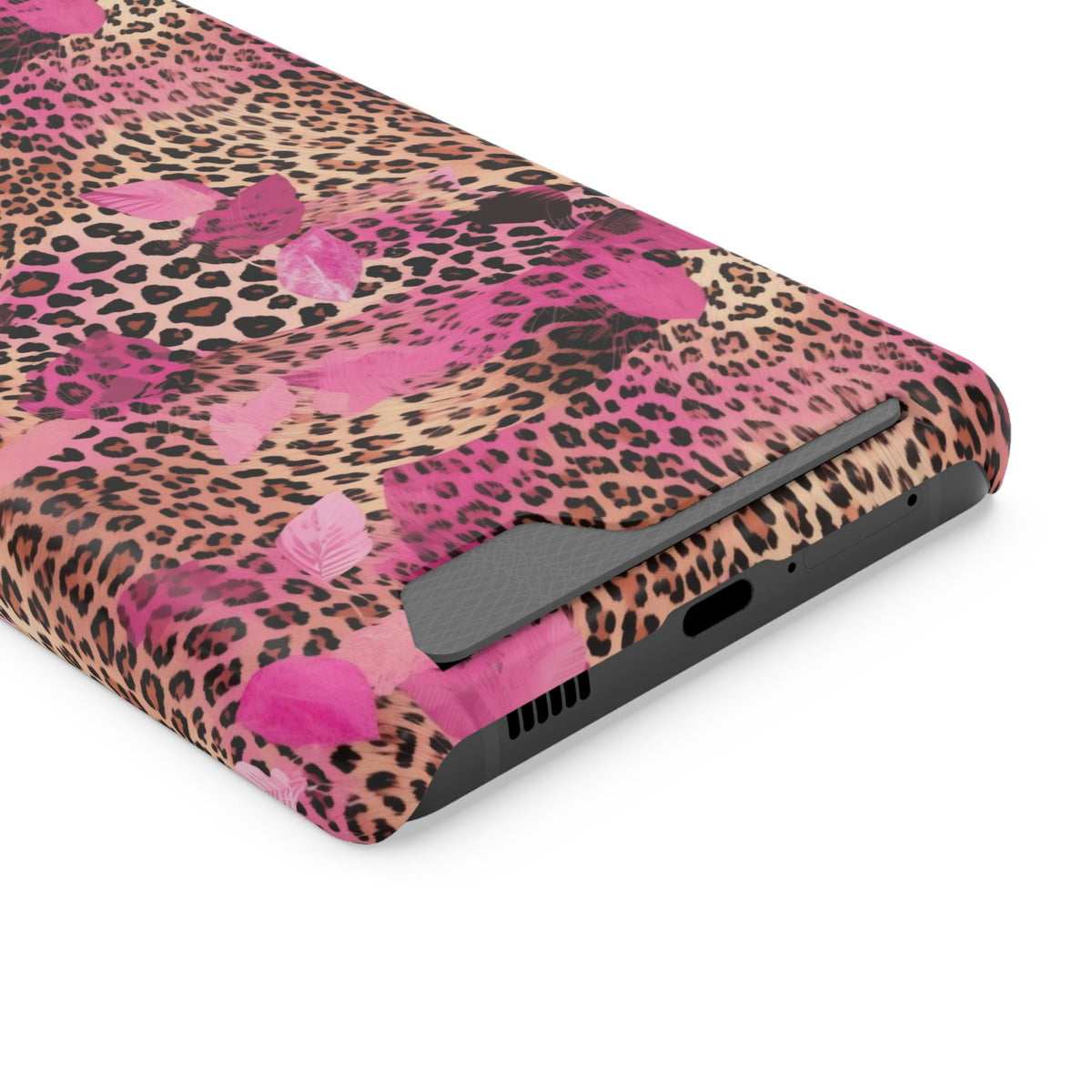 Pink Splash Leopard phone case with card holder for Samsung Galaxy S21 Ultra, glossy finish