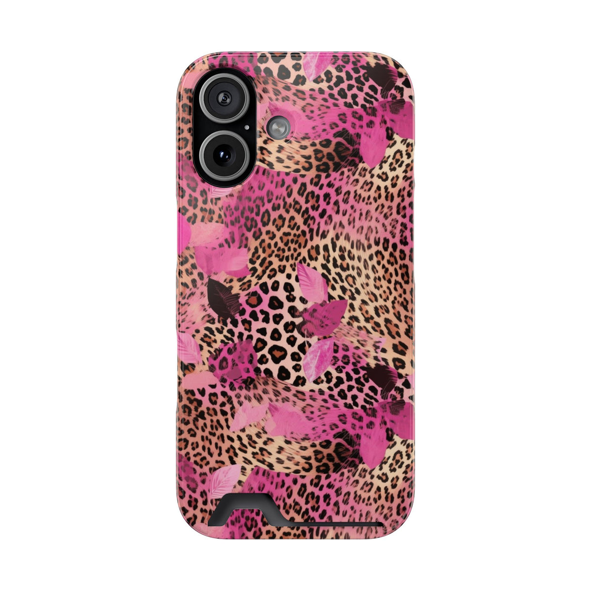 Pink Splash Leopard phone case with card holder for iPhone 17, glossy finish