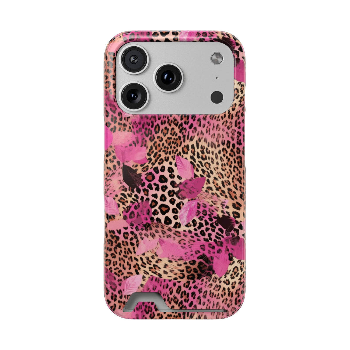 Pink Splash Leopard phone case with card holder for iPhone 17 Pro, glossy finish