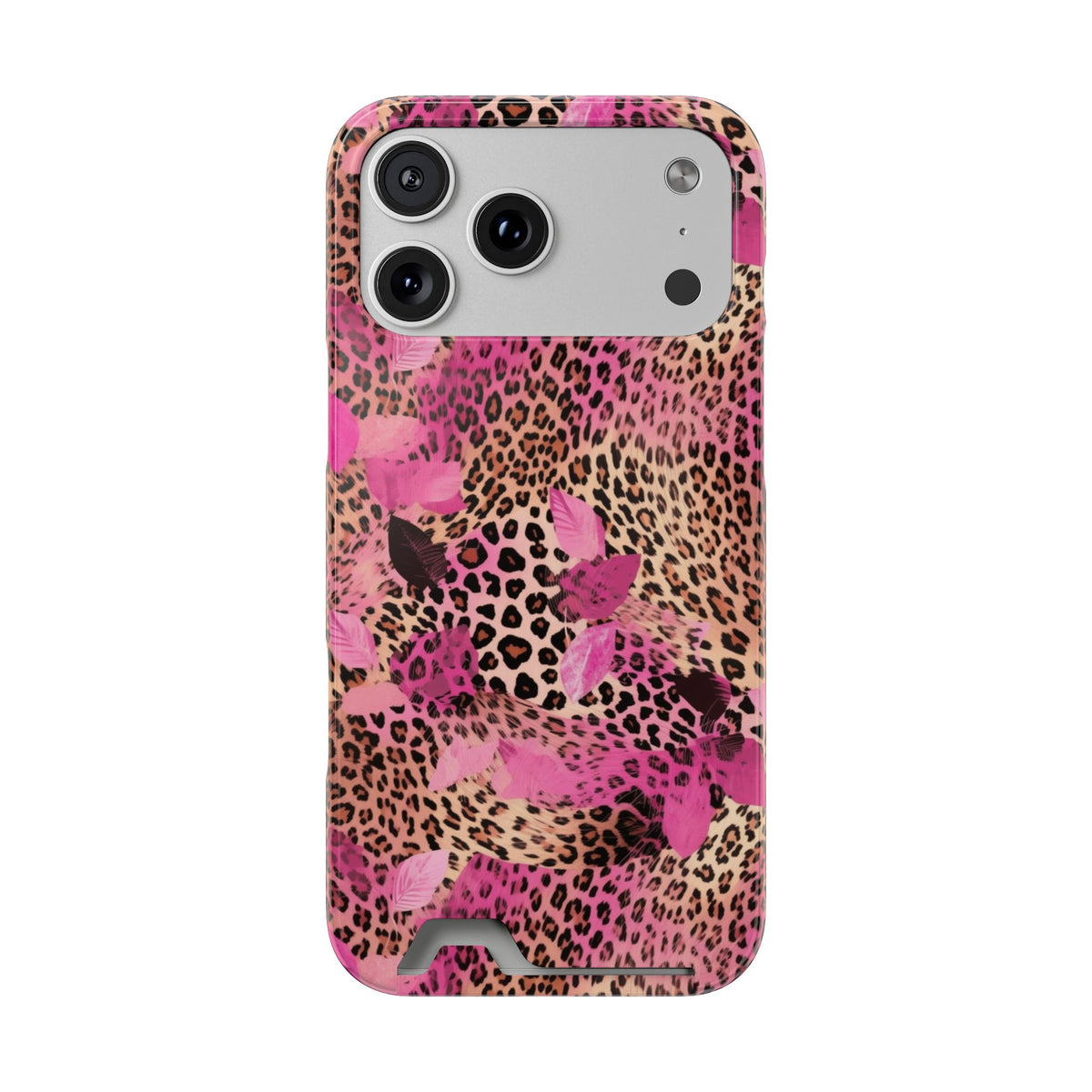 Pink Splash Leopard phone case with card holder for iPhone 17 Pro Max, glossy finish