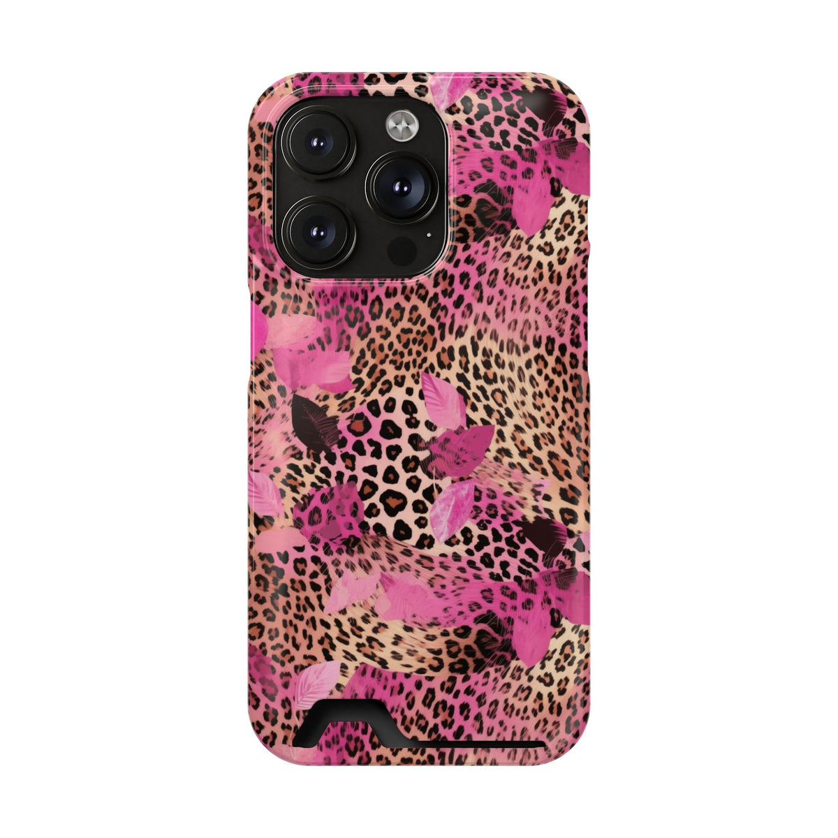 Pink Splash Leopard phone case with card holder for iPhone 14 Pro, glossy finish