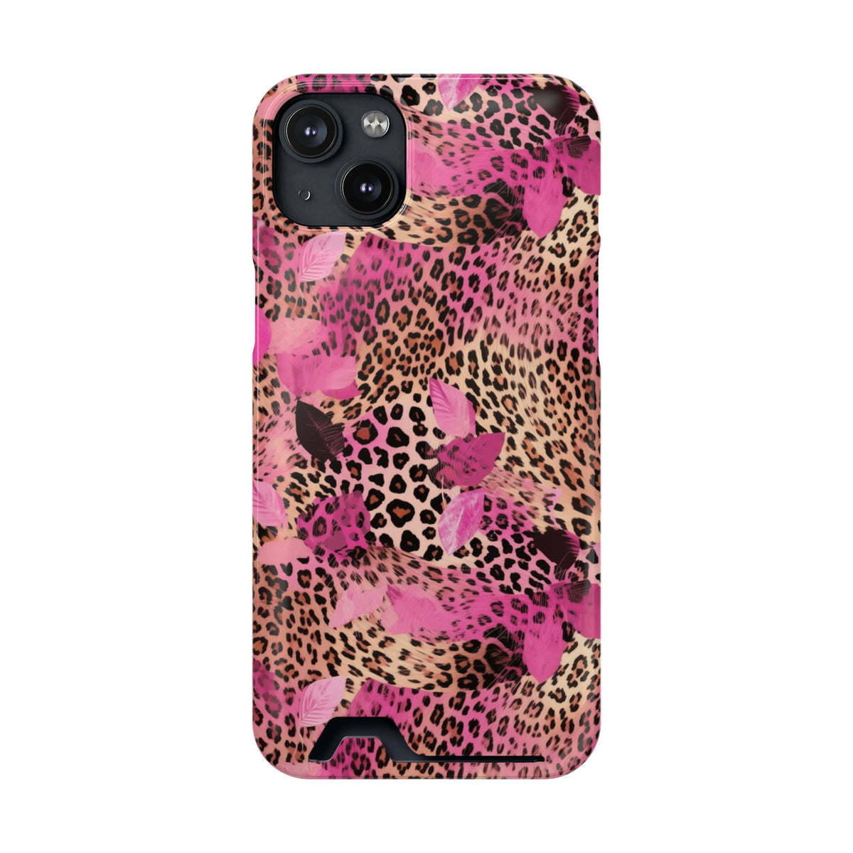 Pink Splash Leopard phone case with card holder for iPhone 14 Plus, glossy finish