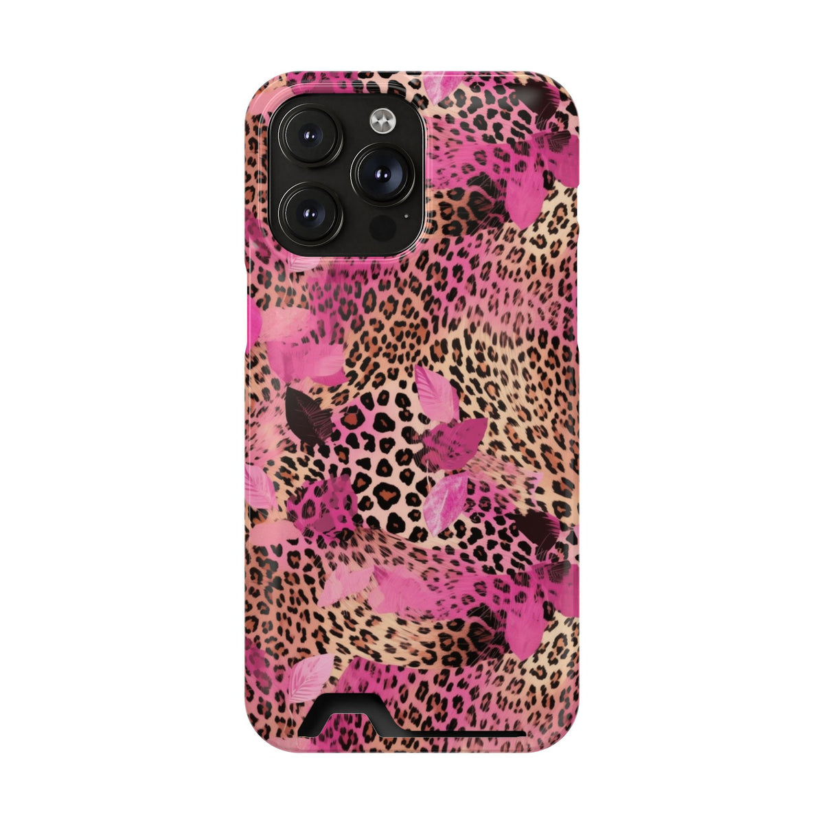 Pink Splash Leopard phone case with card holder for iPhone 14 Pro Max, glossy finish