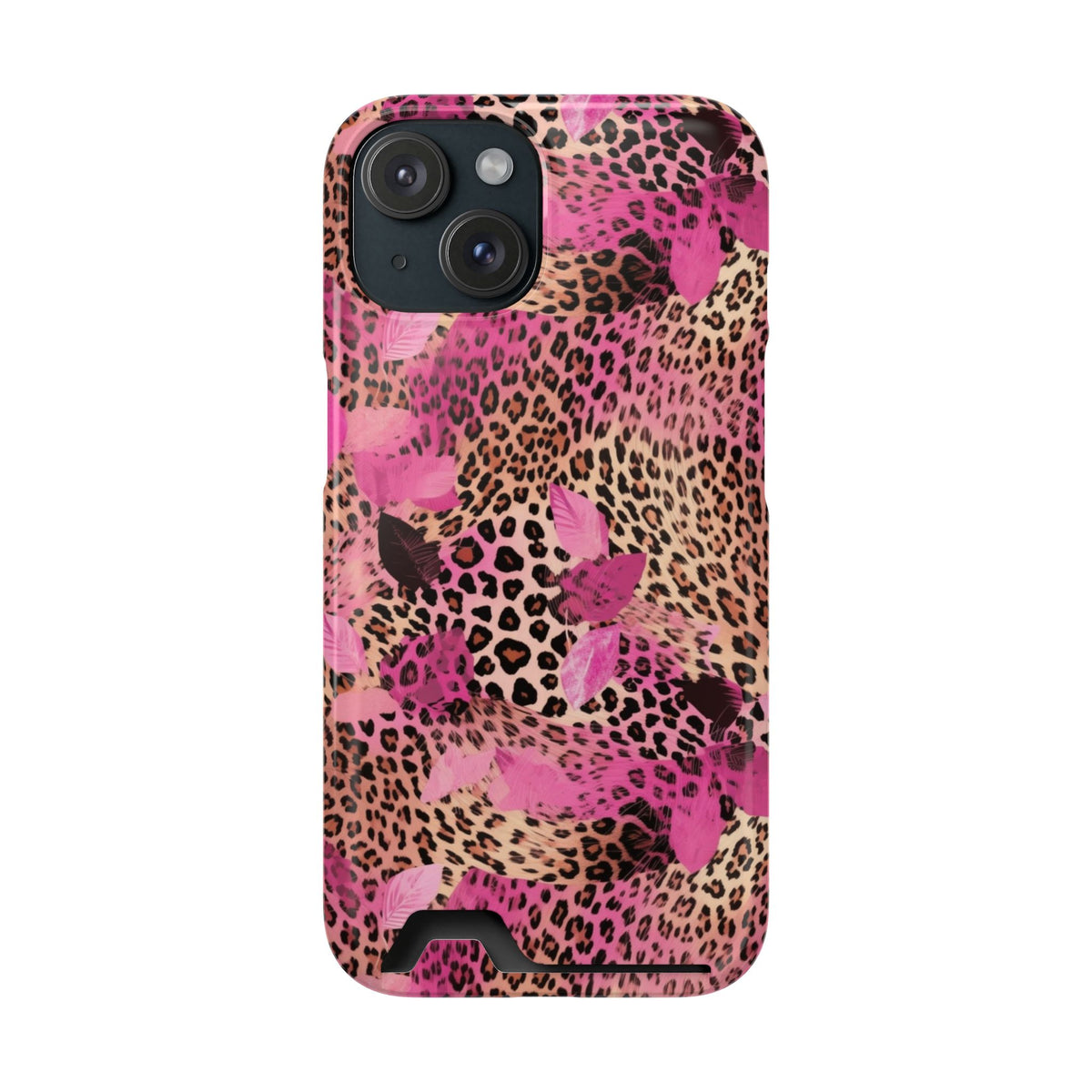 Pink Splash Leopard phone case with card holder for iPhone 15, glossy finish