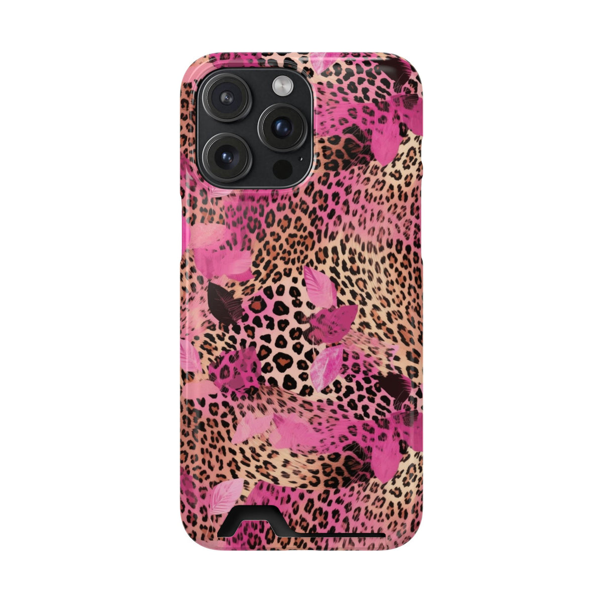 Pink Splash Leopard phone case with card holder for iPhone 15 Pro Max, glossy finish