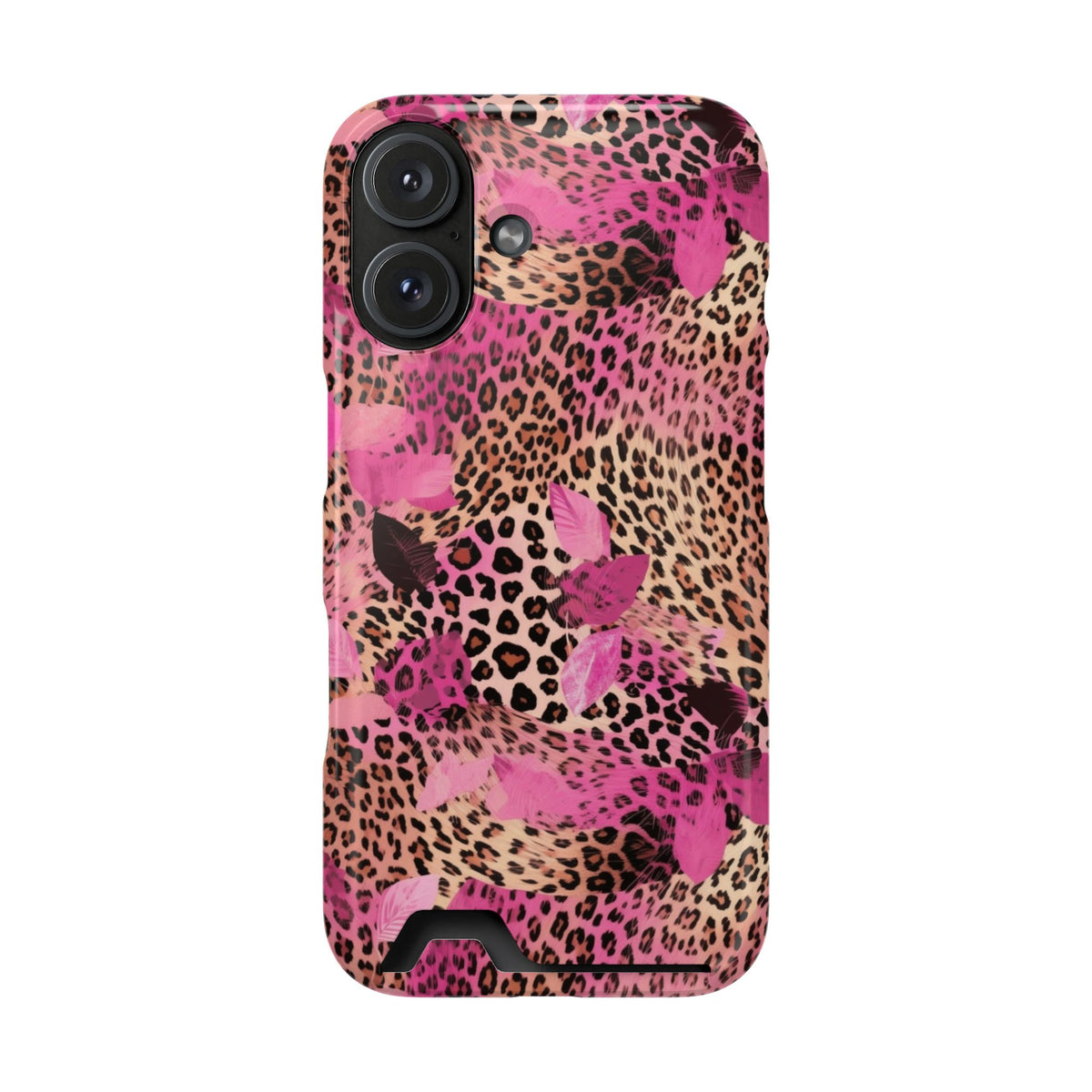 Pink Splash Leopard phone case with card holder for iPhone 16, glossy finish
