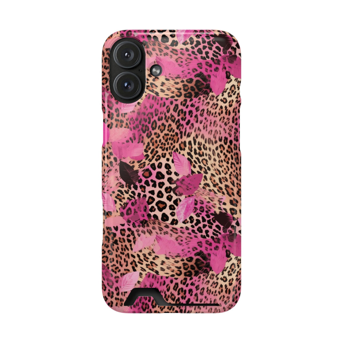 Pink Splash Leopard phone case with card holder for iPhone 16 Plus, glossy finish