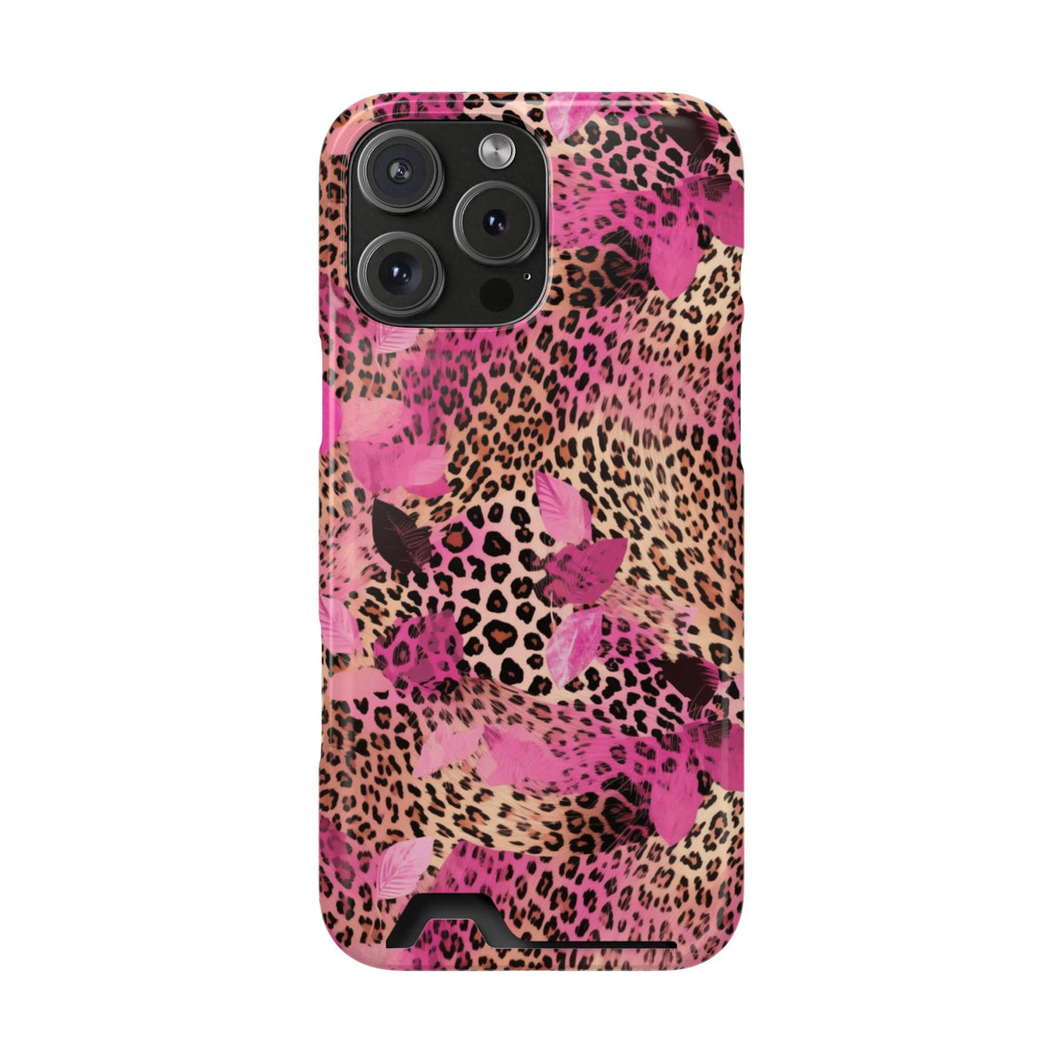 Pink Splash Leopard phone case with card holder for iPhone 16 Pro Max, glossy finish