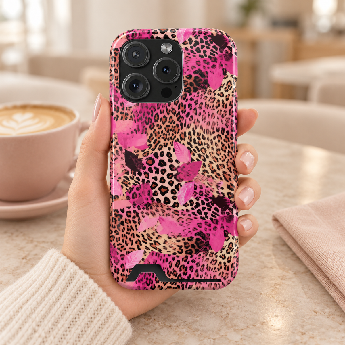Pink Splash Leopard phone case with card holder, pink brushstrokes over classic leopard, lifestyle photo in hand with coffee