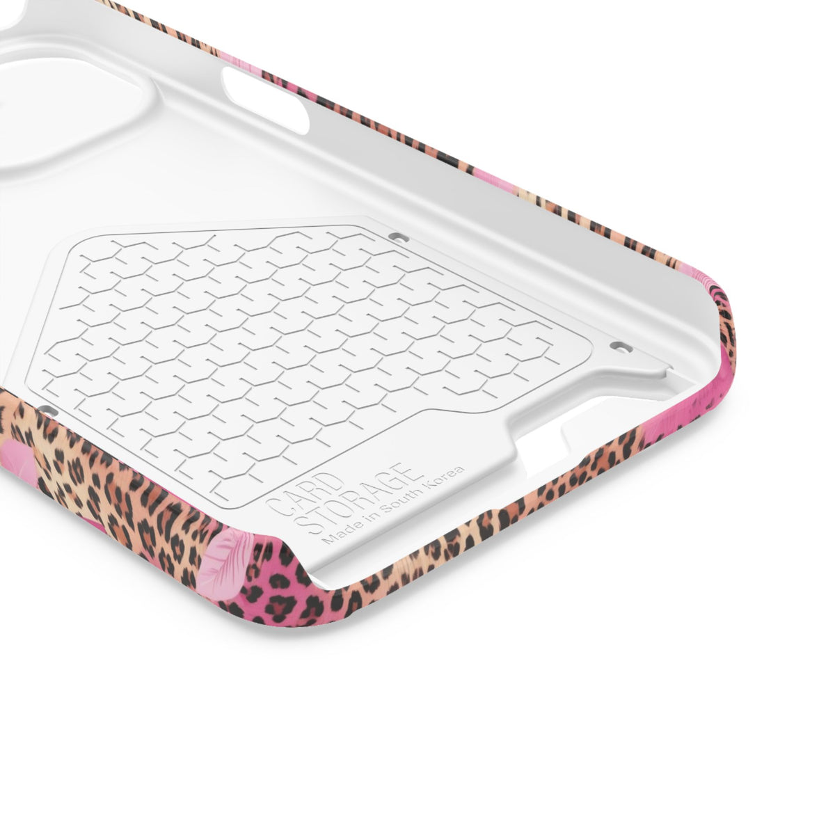 Pink Splash Leopard phone case with card holder for iPhone 13, glossy finish