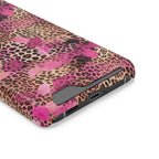 Pink Splash Leopard phone case with card holder, close-up of the card slot