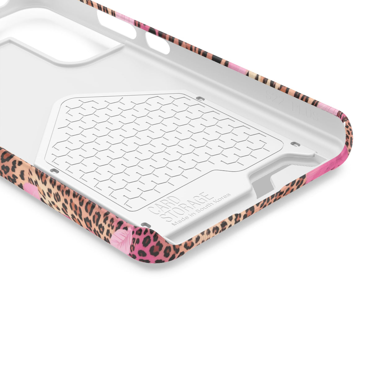 Pink Splash Leopard phone case with card holder, close-up of the inside