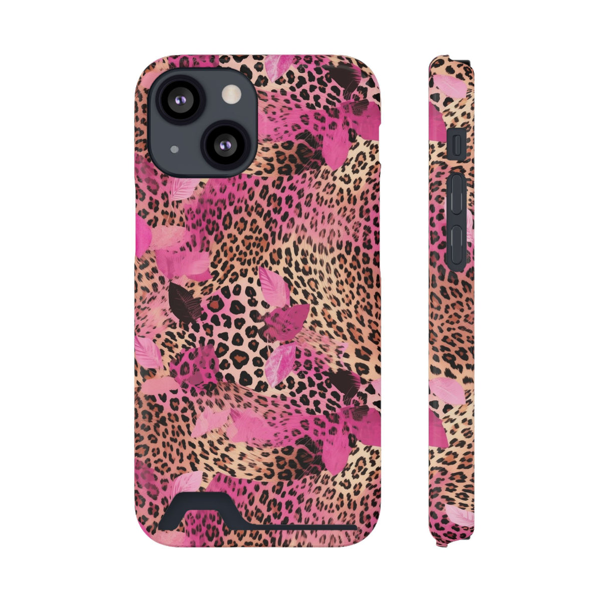 Pink Splash Leopard phone case with card holder for iPhone 13 Mini, glossy finish