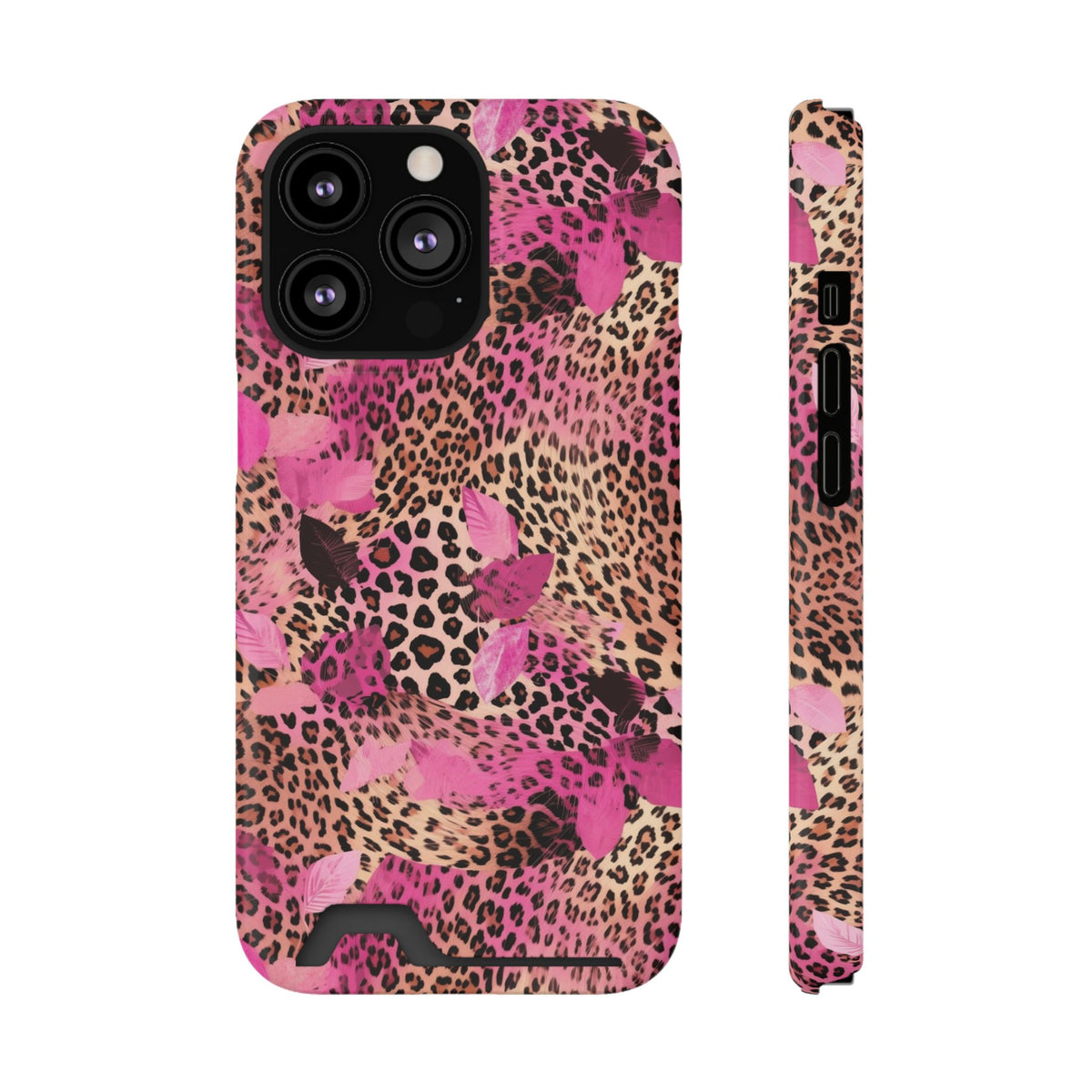 Pink Splash Leopard phone case with card holder for iPhone 13 Pro, glossy finish