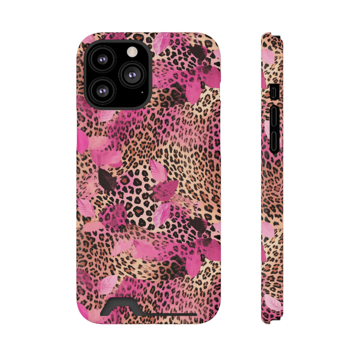 Pink Splash Leopard phone case with card holder for iPhone 13 Pro Max, glossy finish