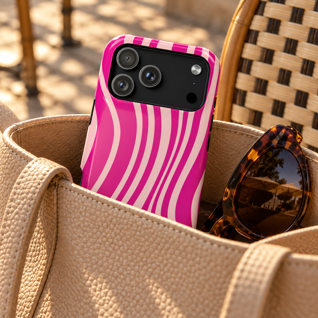 Pink Wave protective phone case, hot pink and soft pink wavy stripes, lifestyle photo in a handbag