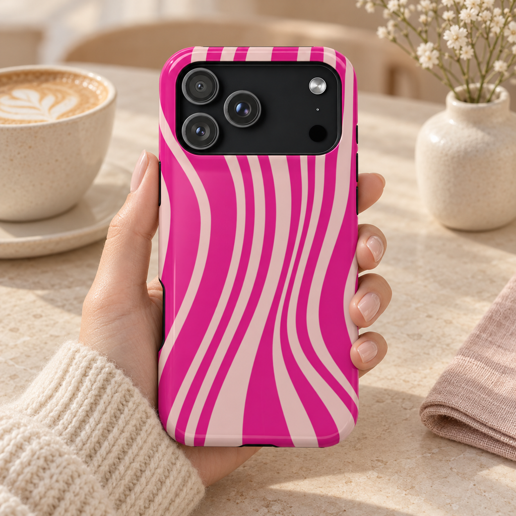 Pink Wave protective phone case, hot pink and soft pink wavy stripes, lifestyle photo in hand with coffee