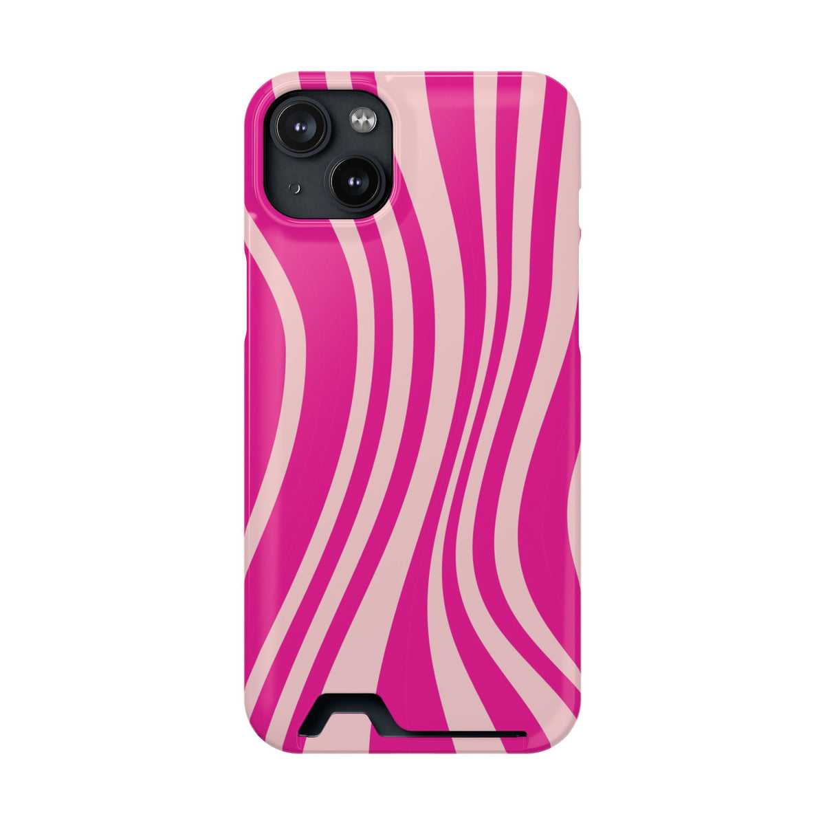 Pink Wave phone case with card holder for iPhone 14 Plus, glossy finish