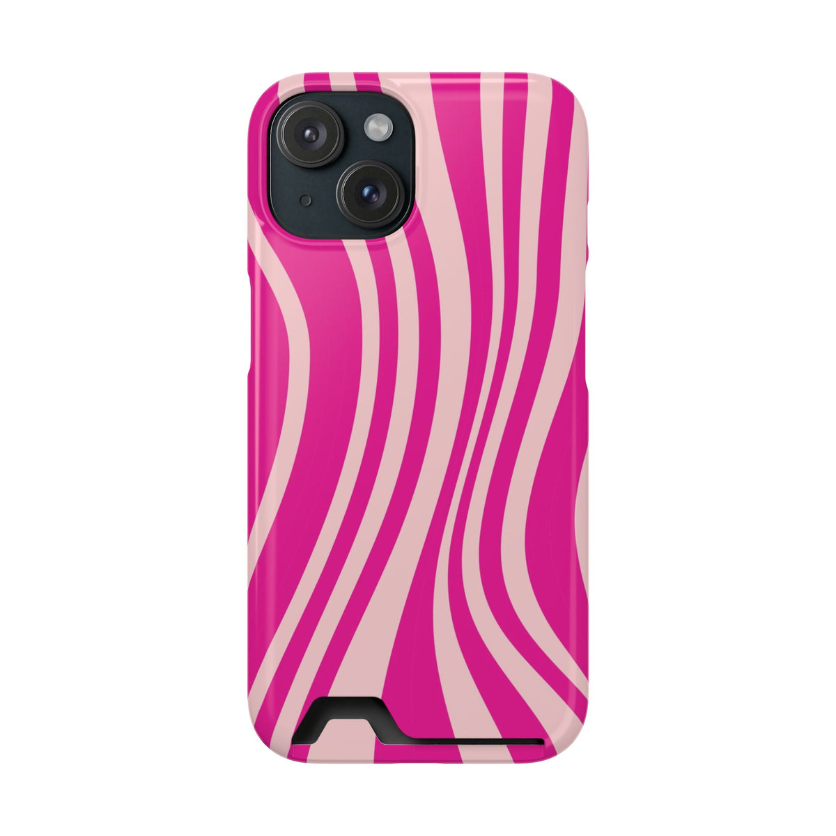 Pink Wave phone case with card holder for iPhone 15, glossy finish