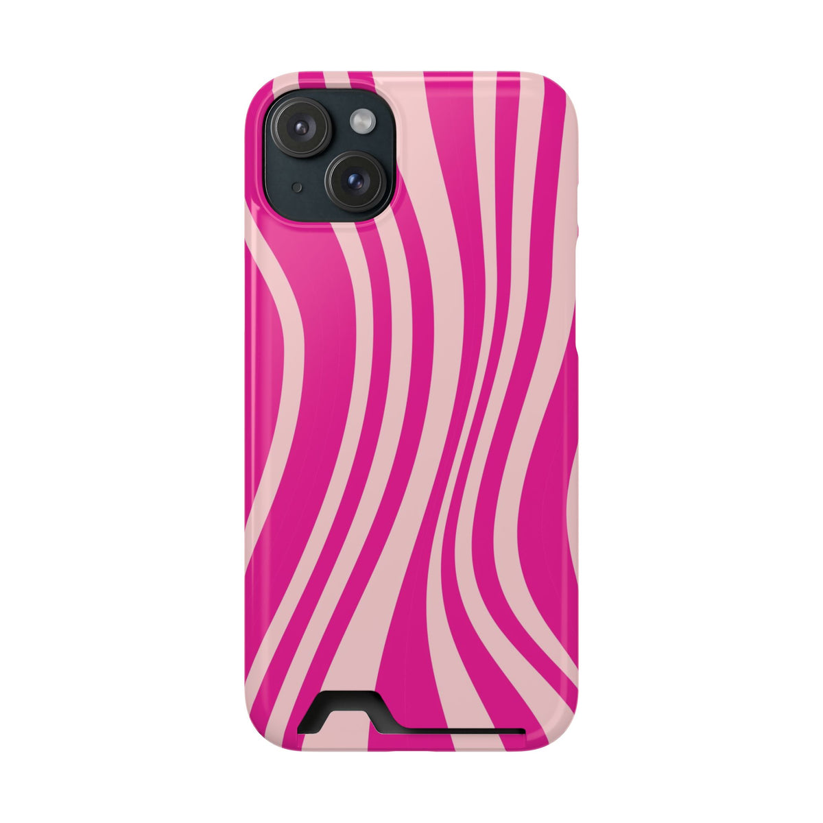 Pink Wave phone case with card holder for iPhone 15 Plus, glossy finish