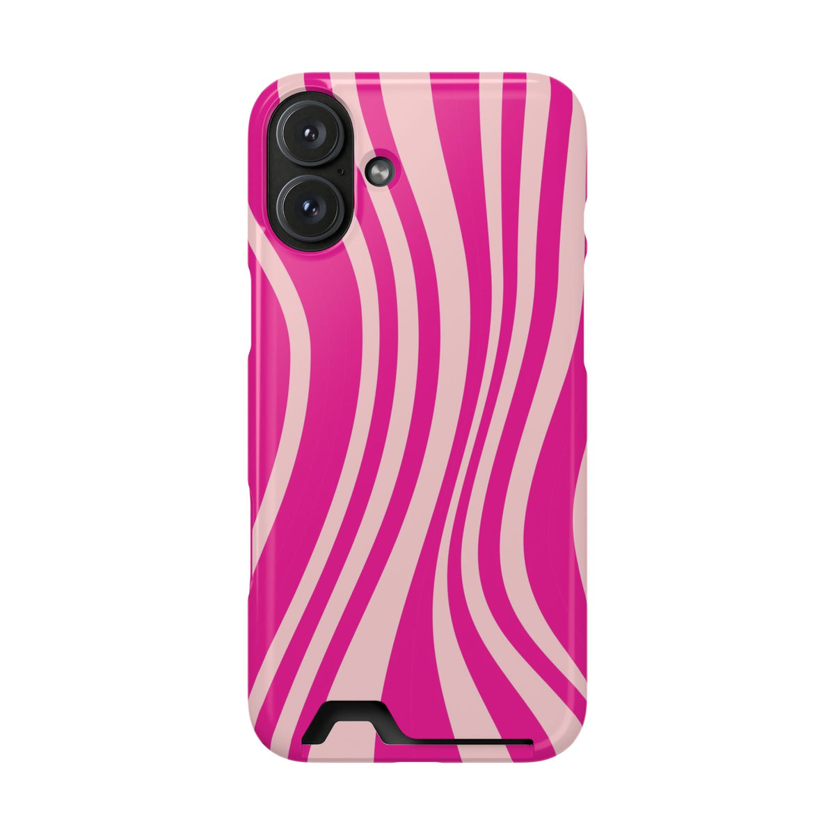 Pink Wave phone case with card holder for iPhone 16 Plus, glossy finish