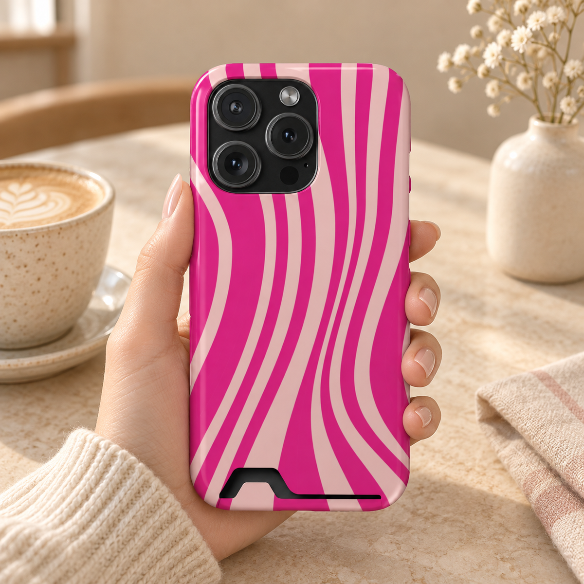 Pink Wave phone case with card holder, hot pink and soft pink wavy stripes, lifestyle photo in hand with coffee