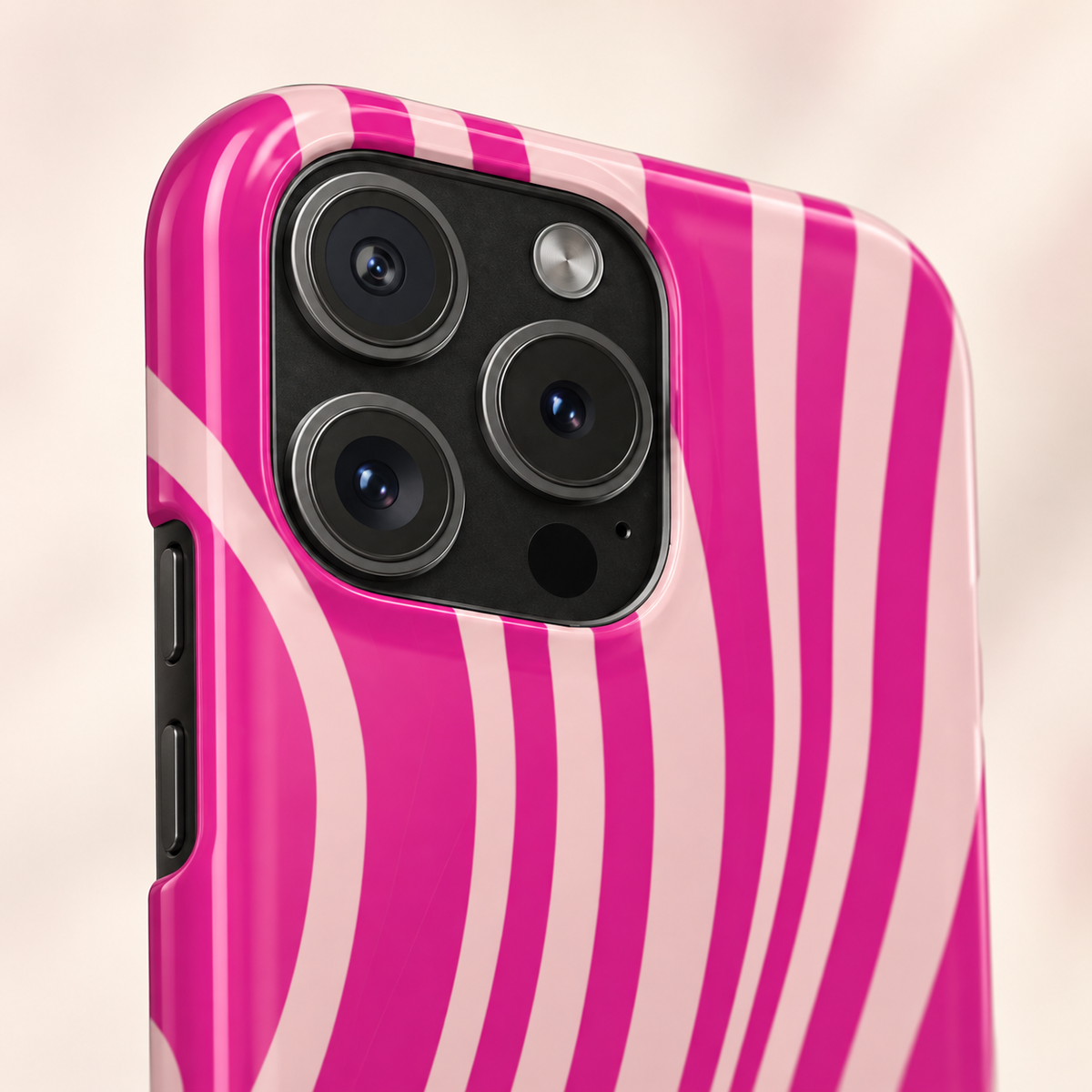 Pink Wave phone case with card holder, hot pink and soft pink wavy stripes, lifestyle close-up of the camera