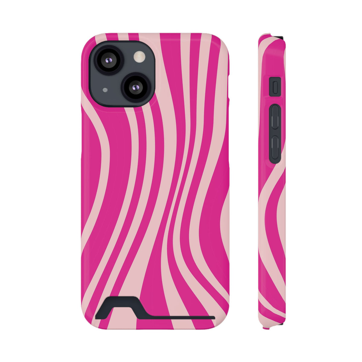 Pink Wave phone case with card holder for iPhone 13 Mini, glossy finish