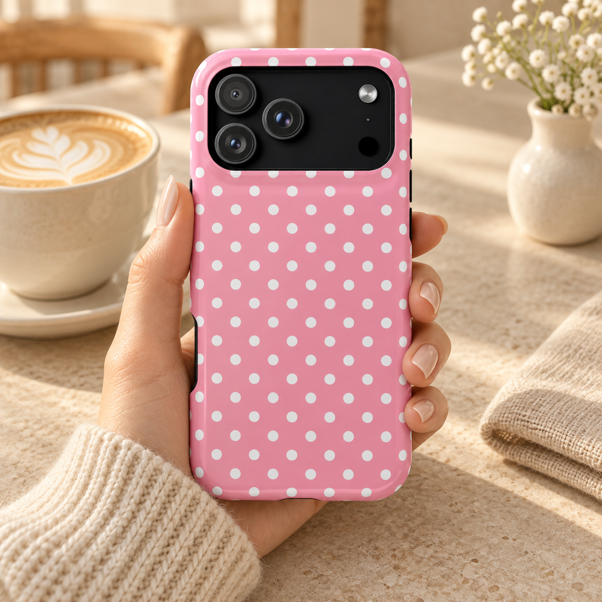 Polka Party protective phone case, bold white polka dots on pink, lifestyle photo in hand with coffee