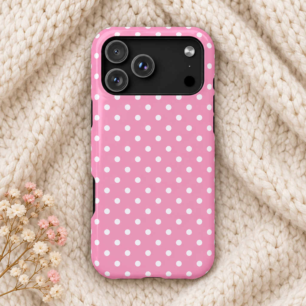 Polka Party protective phone case, bold white polka dots on pink, lifestyle photo on a knit blanket