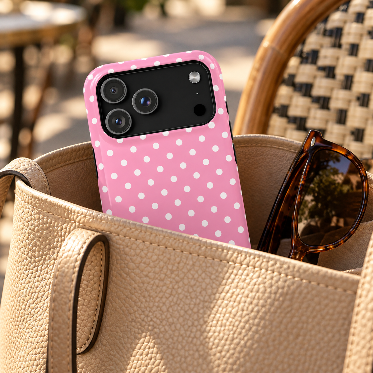 Polka Party MagSafe case, bold white polka dots on pink, lifestyle photo in a handbag
