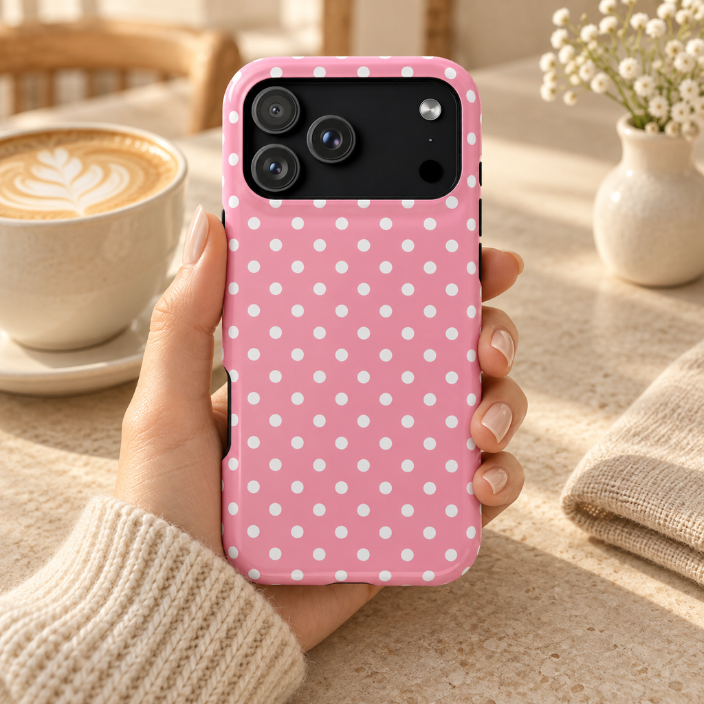 Polka Party MagSafe case, bold white polka dots on pink, lifestyle photo in hand with coffee