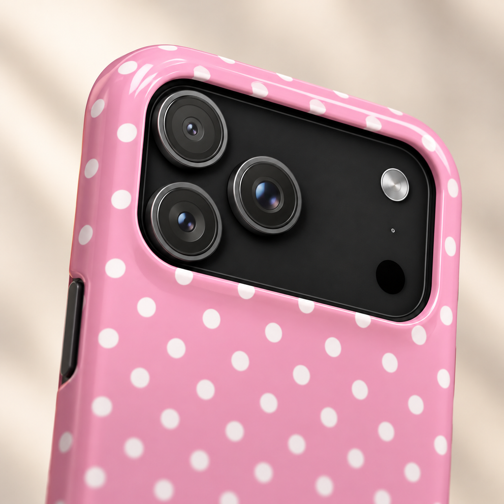 Polka Party MagSafe case, bold white polka dots on pink, lifestyle close-up of the camera