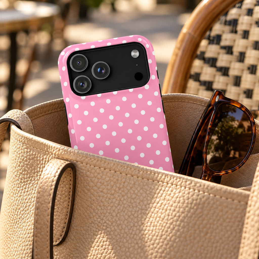 Polka Party phone case with card holder, bold white polka dots on pink, lifestyle photo in a handbag