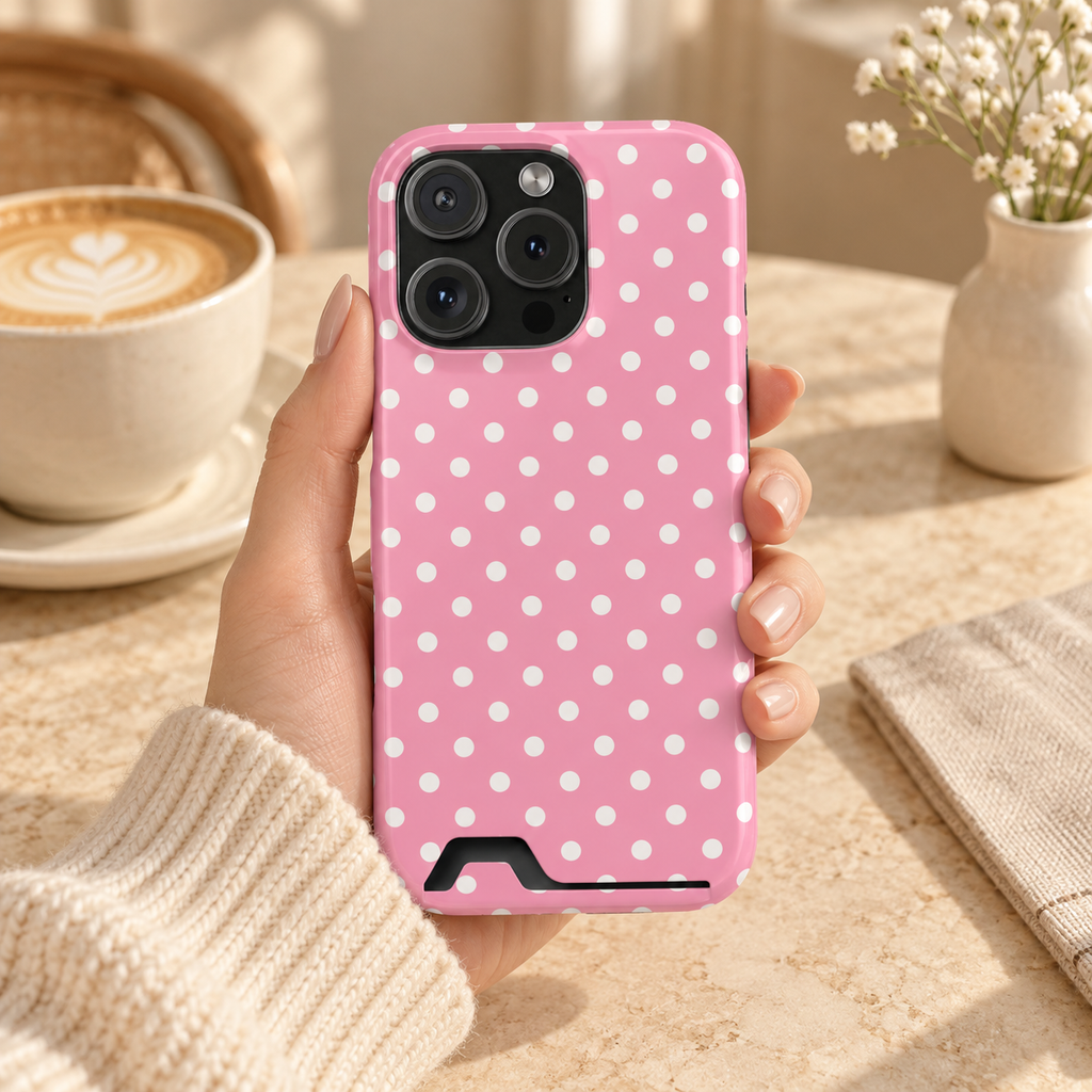 Polka Party phone case with card holder, bold white polka dots on pink, lifestyle photo in hand with coffee