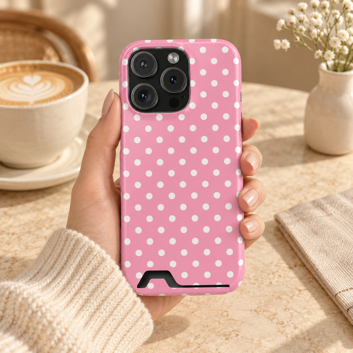 Polka Party phone case with card holder, bold white polka dots on pink, lifestyle photo in hand with coffee