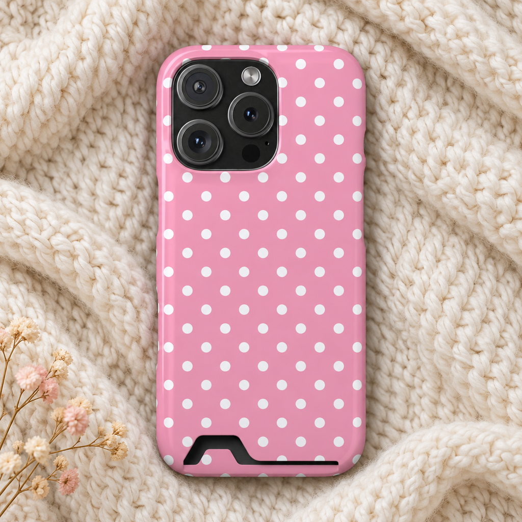 Polka Party phone case with card holder, bold white polka dots on pink, lifestyle photo on a knit blanket