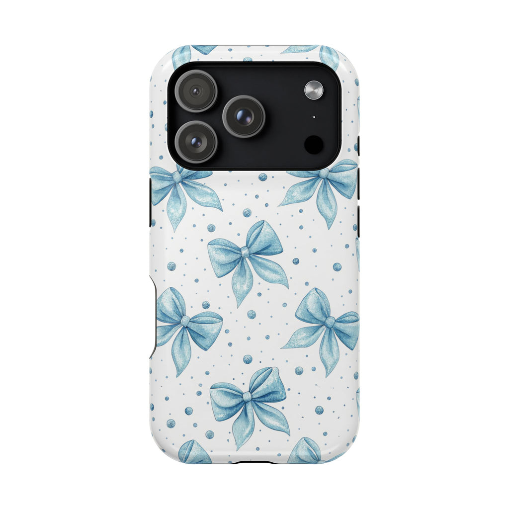 Powder Blue Bow protective phone case for iPhone 18 Pro, glossy finish
