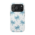 Powder Blue Bow protective phone case for iPhone 18 Pro, glossy finish