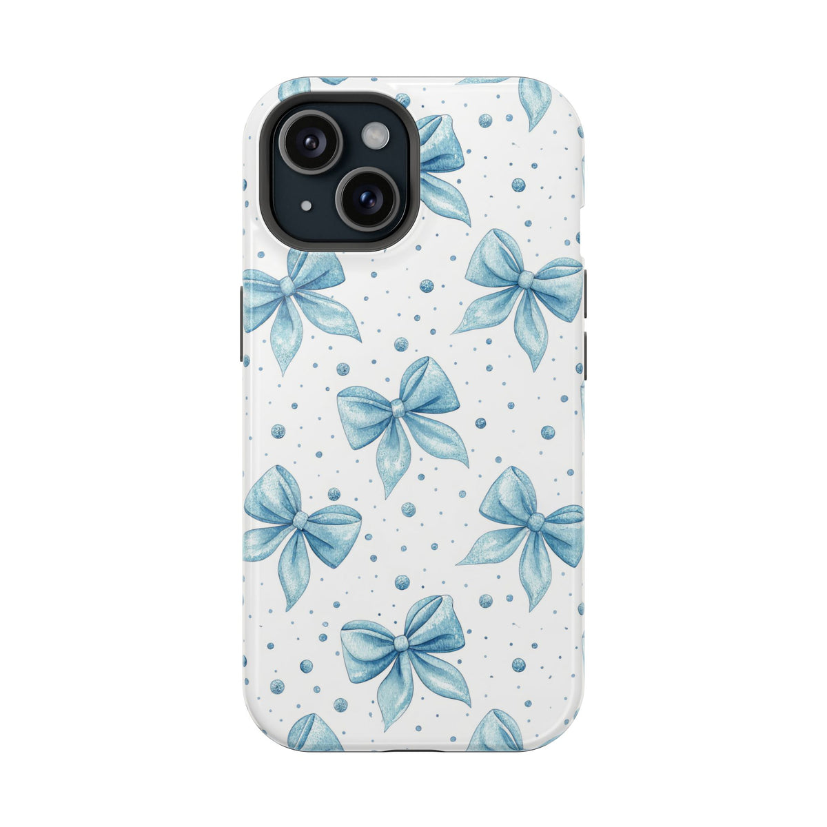 Powder Blue Bow protective phone case for iPhone 15, glossy finish