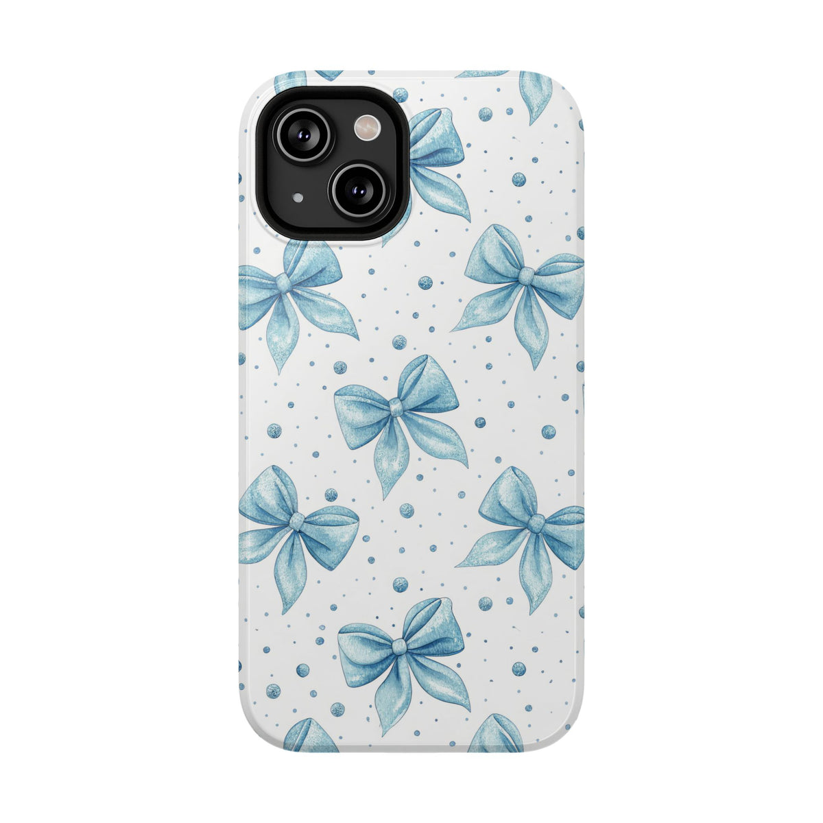 Powder Blue Bow protective phone case for iPhone 14, glossy finish
