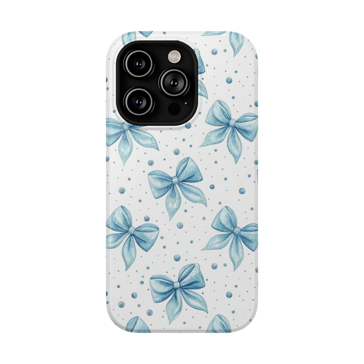 Powder Blue Bow protective phone case for iPhone 14 Pro, glossy finish