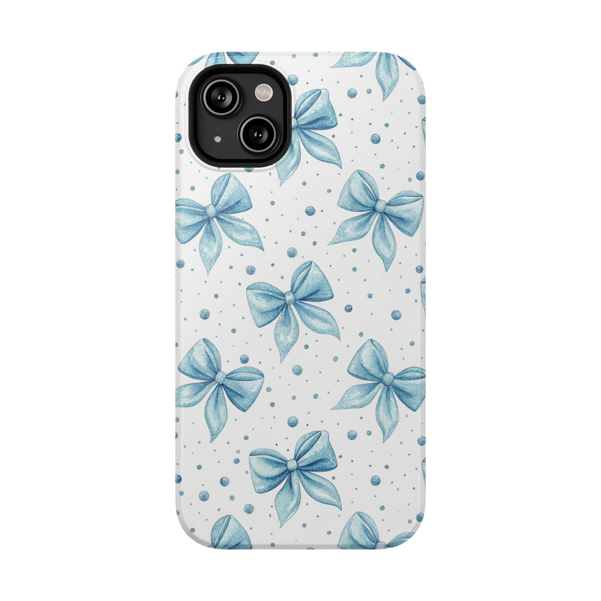 Powder Blue Bow protective phone case for iPhone 14 Plus, glossy finish