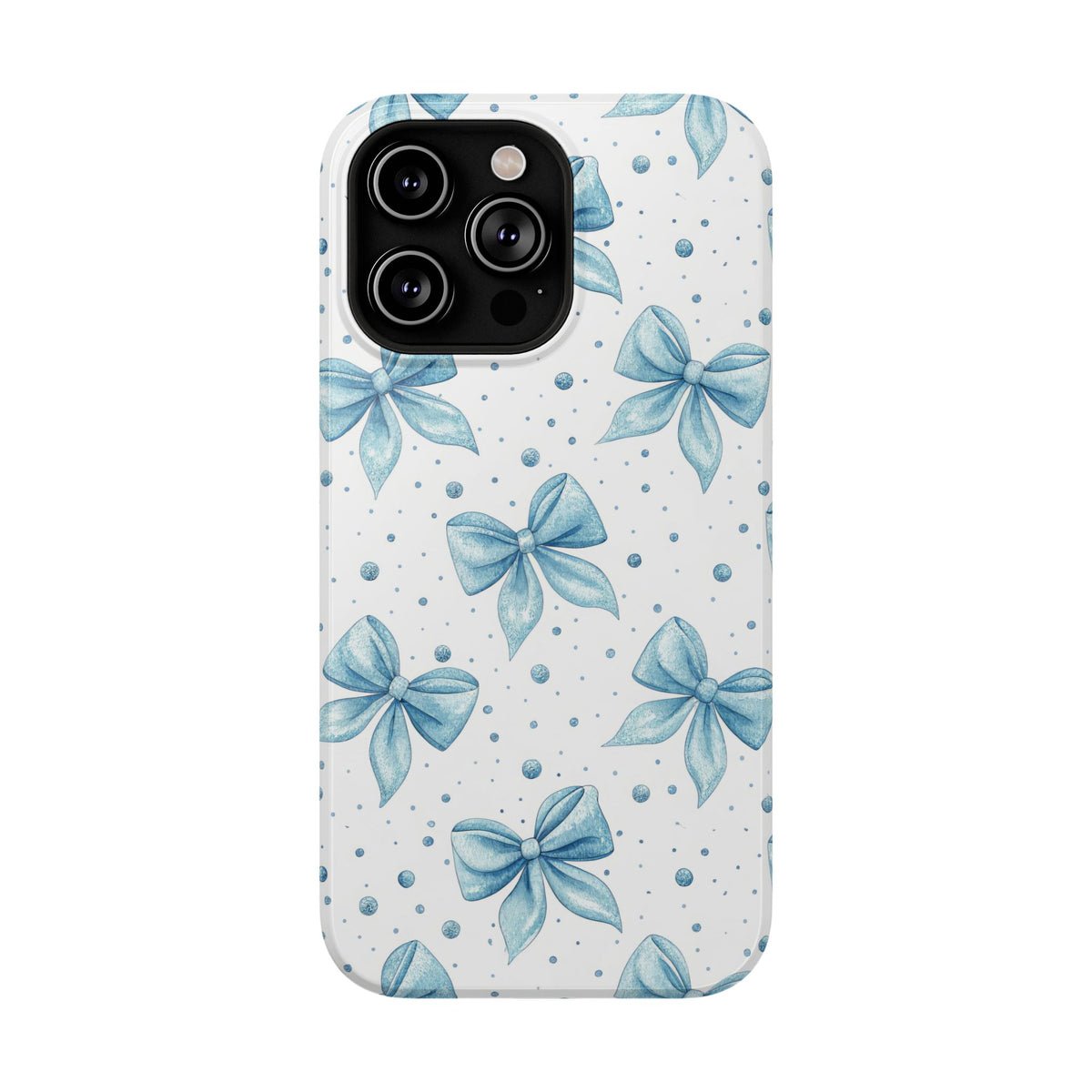 Powder Blue Bow protective phone case for iPhone 14 Pro Max, glossy finish