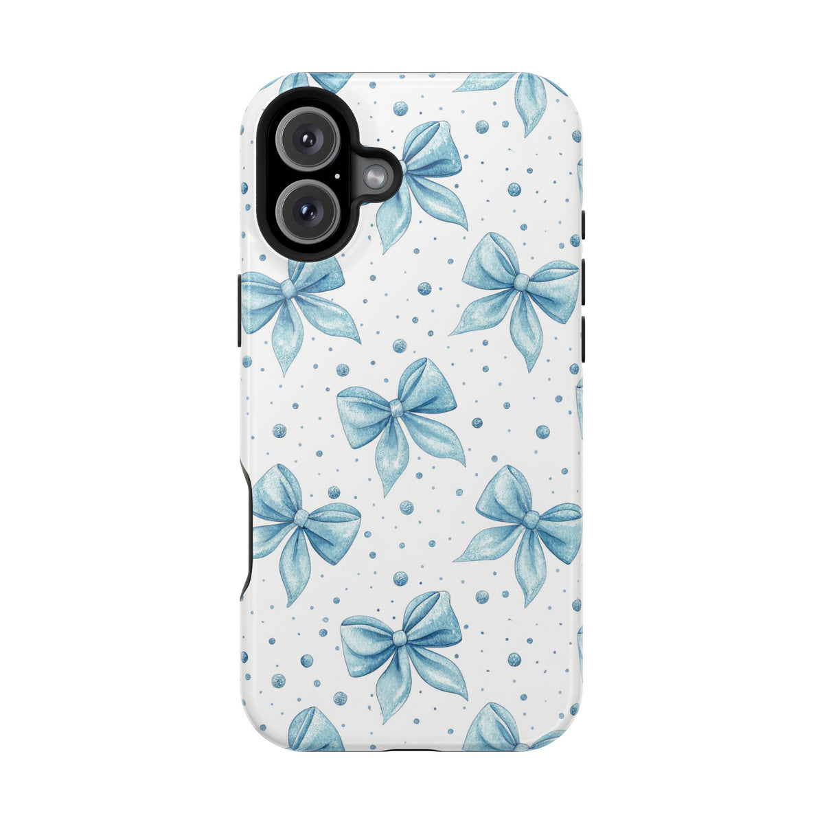 Powder Blue Bow protective phone case for iPhone 16 Plus, glossy finish