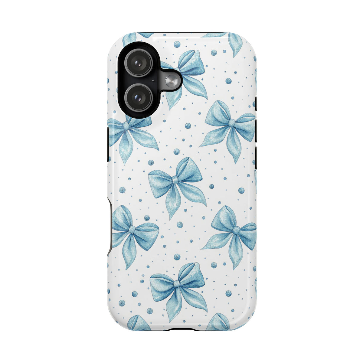 Powder Blue Bow protective phone case for iPhone 17, glossy finish