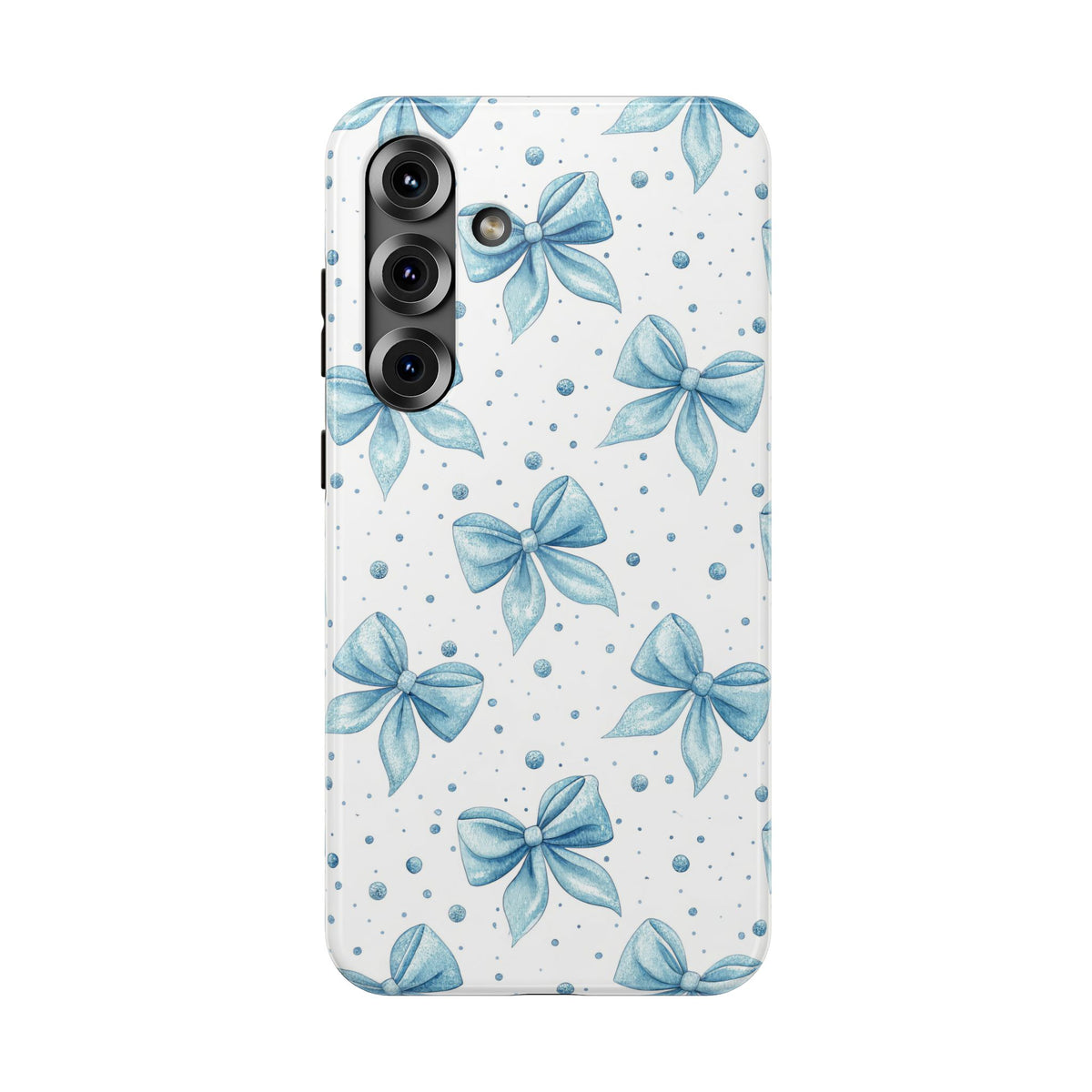 Powder Blue Bow protective phone case for Samsung Galaxy S25 Plus, glossy finish