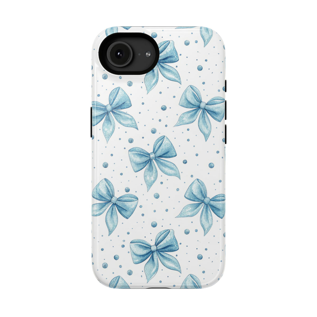 Powder Blue Bow protective phone case for iPhone 16e, glossy finish